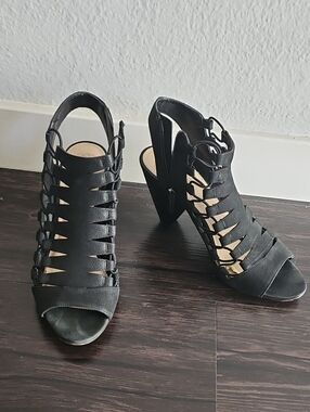 Vince Camuto Black Strappy Cage Block Heel Sandals